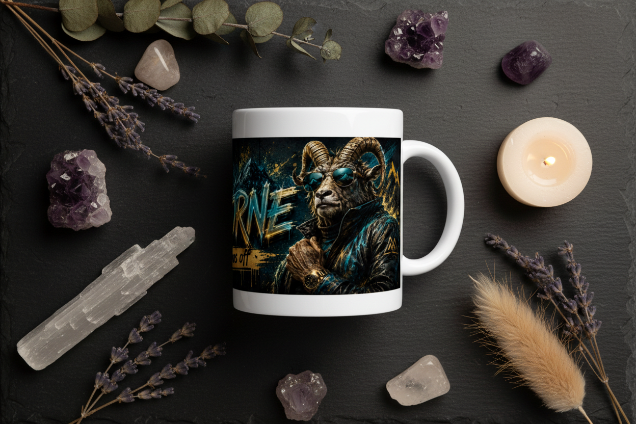 Mug blanc Capricorne vu de dessus, visuel bélier et texte « Bosseur sans off »