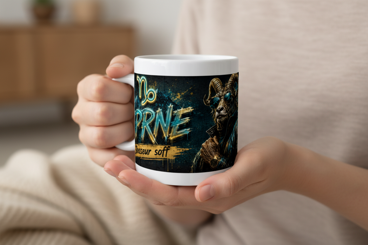 Mug blanc Capricorne dans les mains, visuel bélier « Bosseur sans off »
