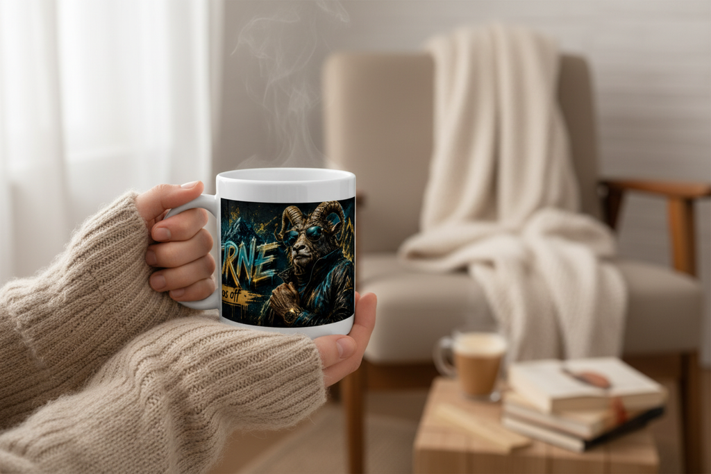 Mug blanc Capricorne tenu par une main, visuel bélier « Bosseur sans off »