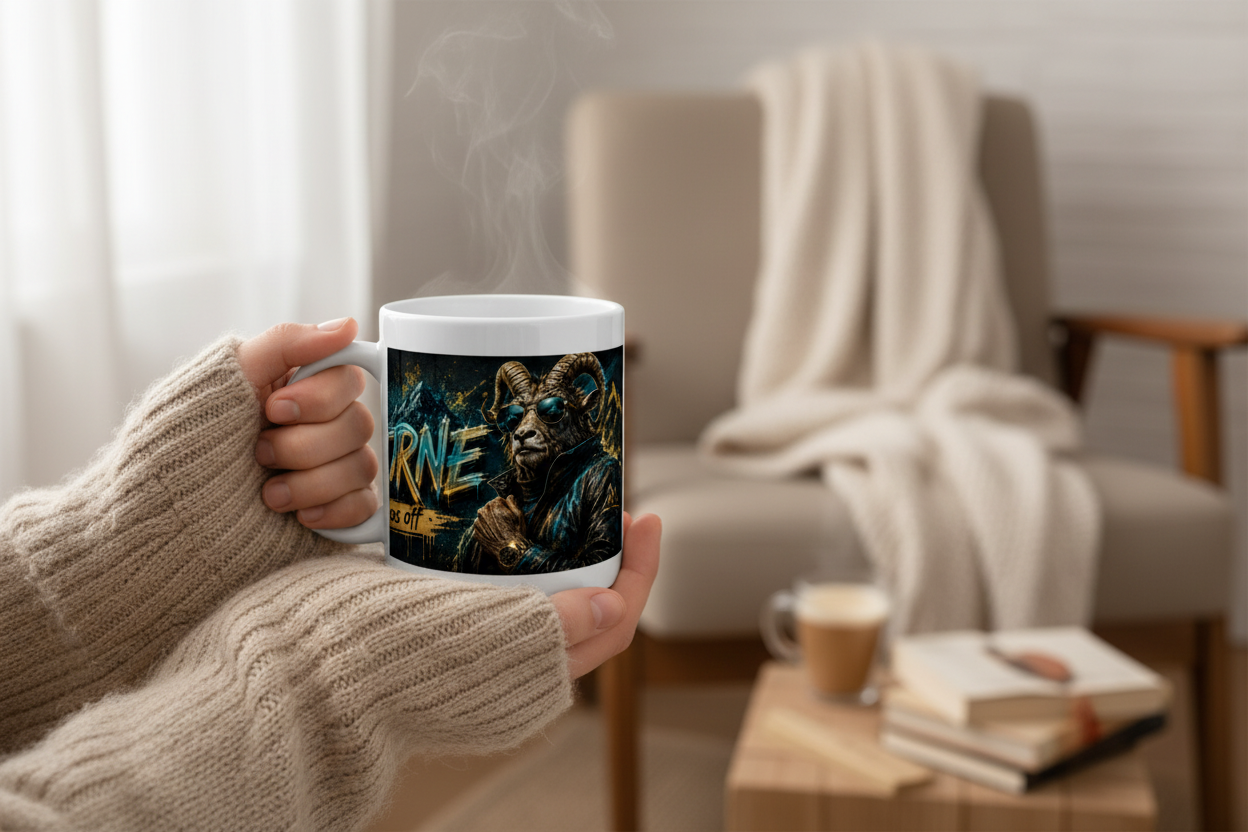 Mug blanc Capricorne tenu par une main, visuel bélier « Bosseur sans off »