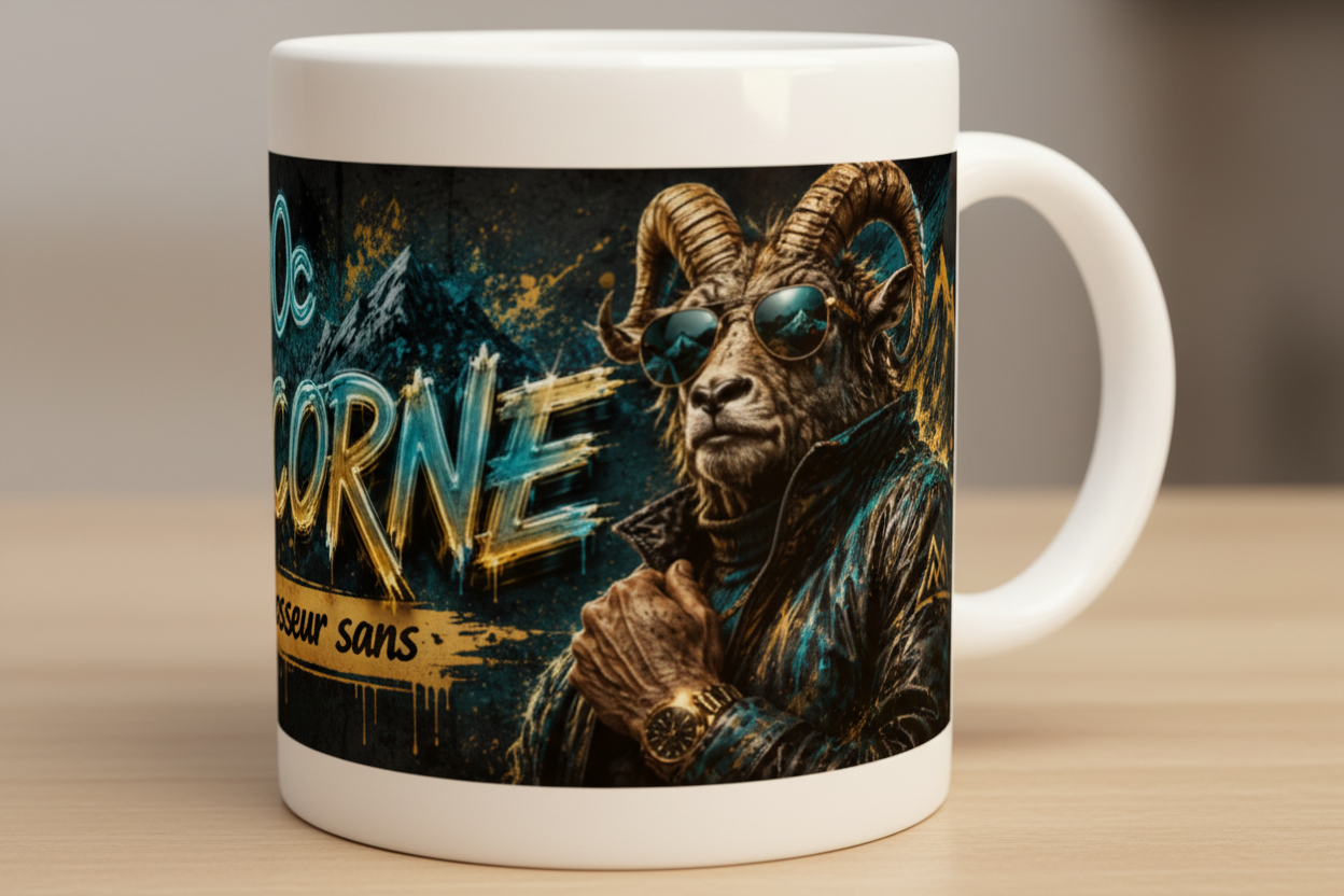 Mug blanc Capricorne avec portrait de bélier et lunettes, « Bosseur sans off »