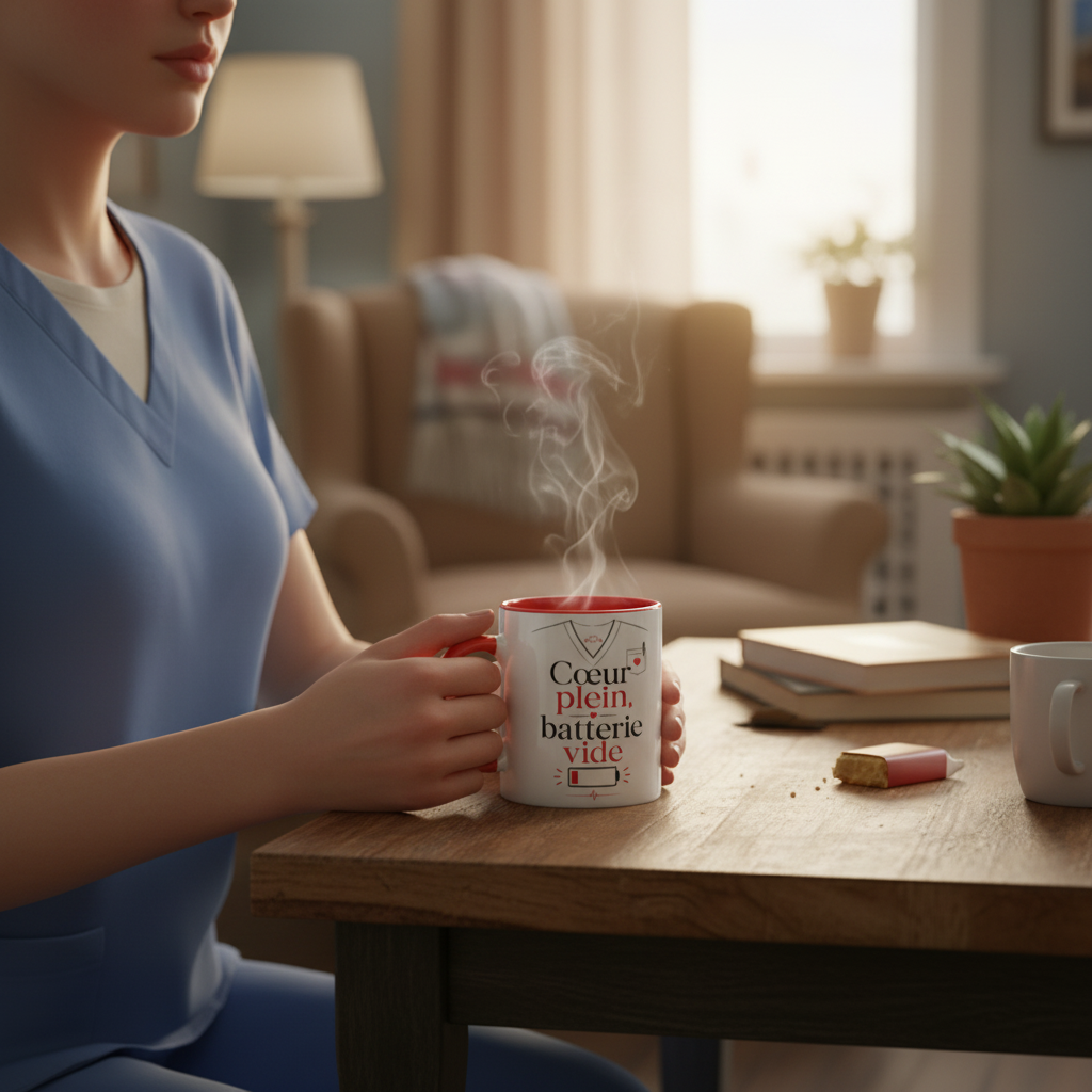 Tasse blanche à poignée rouge, inscription « Cœur plein, batterie vide », vapeur légère