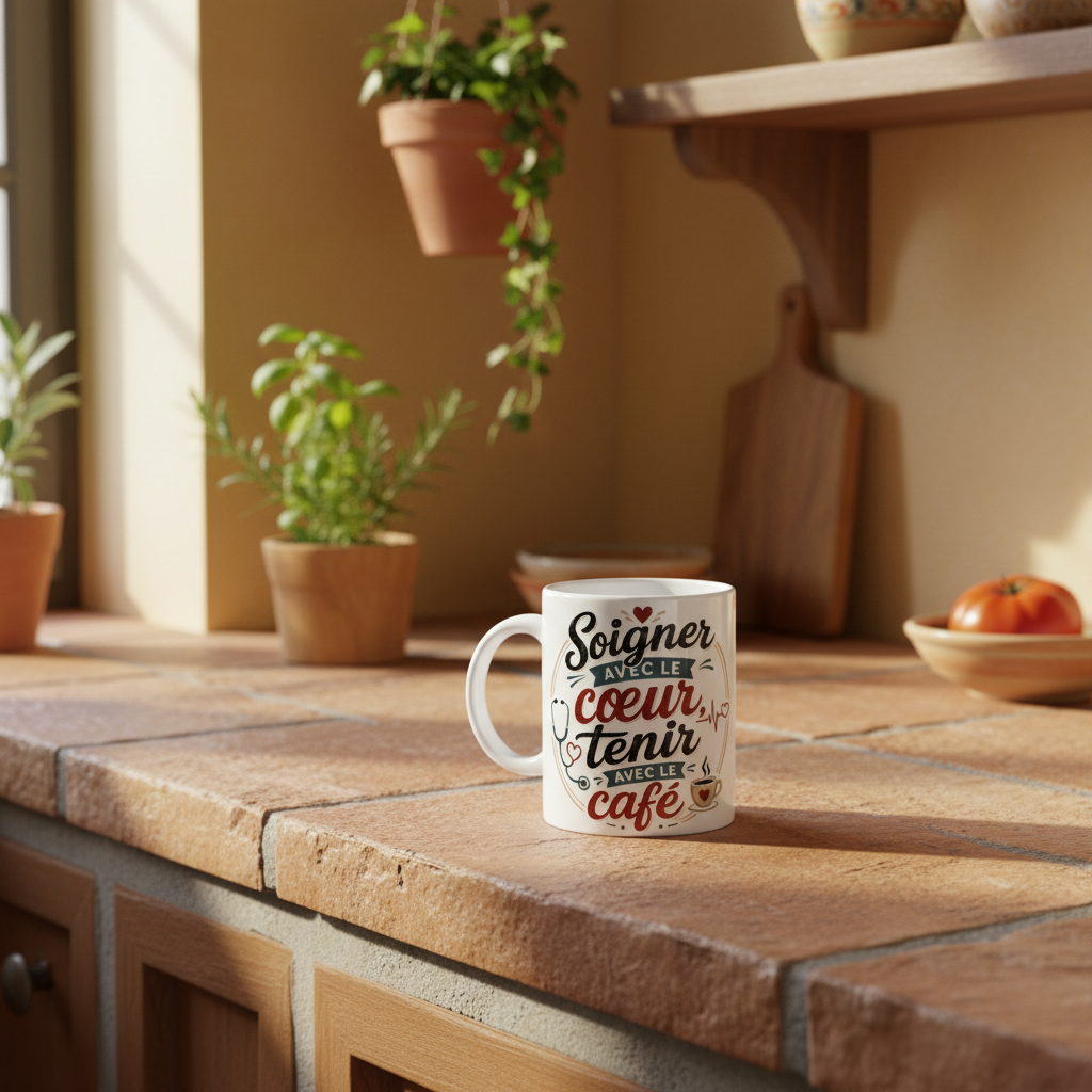 Mug blanc en céramique avec inscription « Soigner avec le cœur, tenir avec le café ».