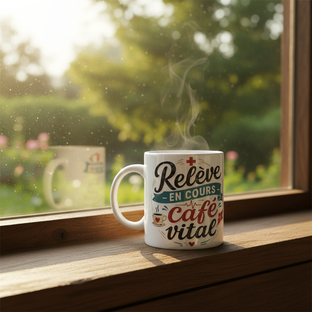 Mug blanc « Relève en cours café vital » posé près d’une fenêtre, vapeur au-dessus.