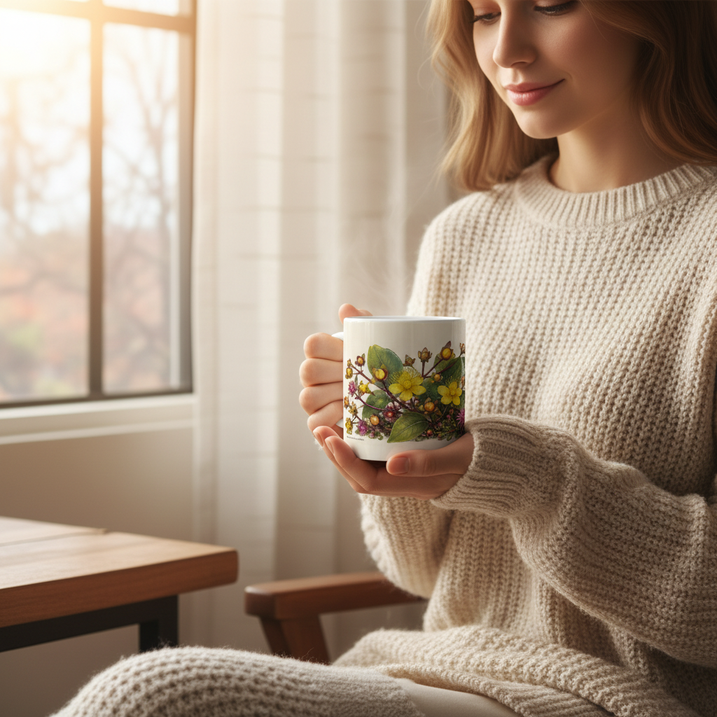 Mug Fleurs des Champs — femme pull fenêtre