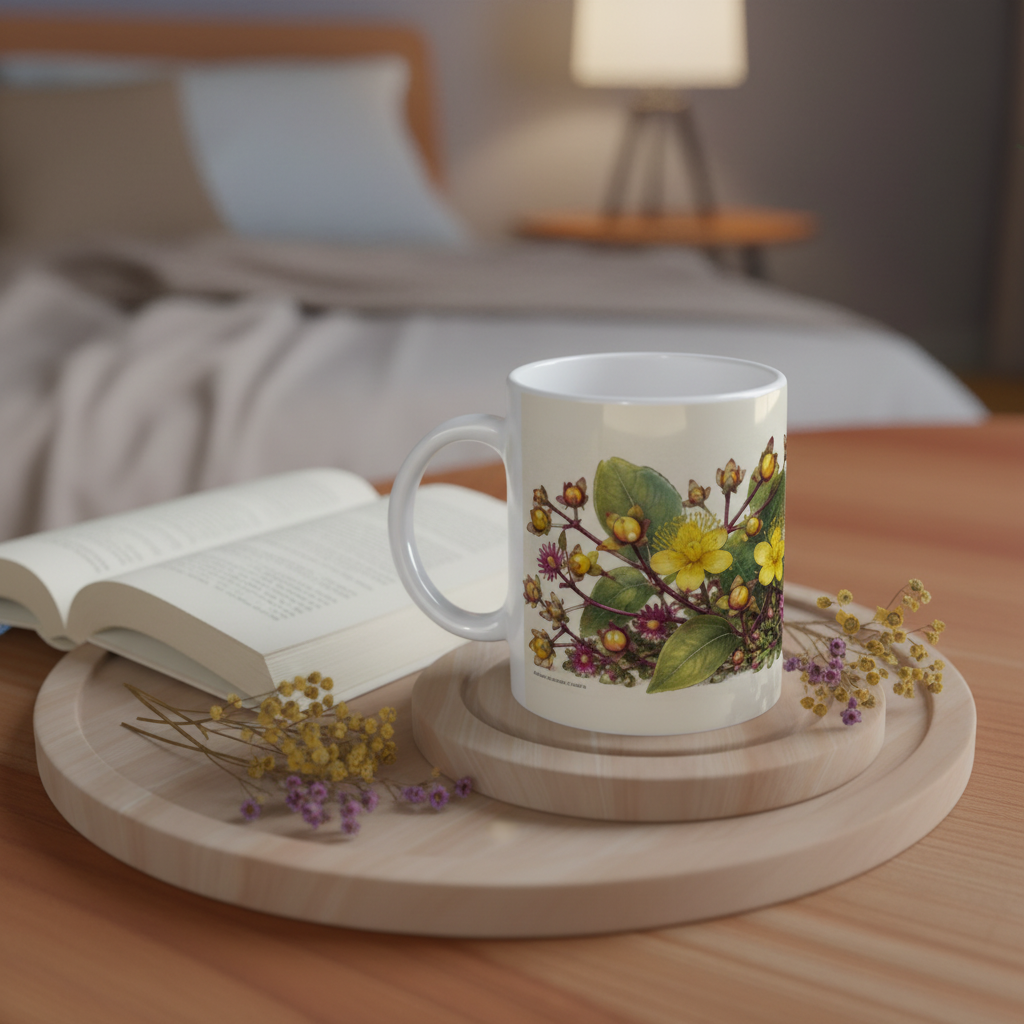 Mug Fleurs des Champs — plateau bois livre fleurs séchées