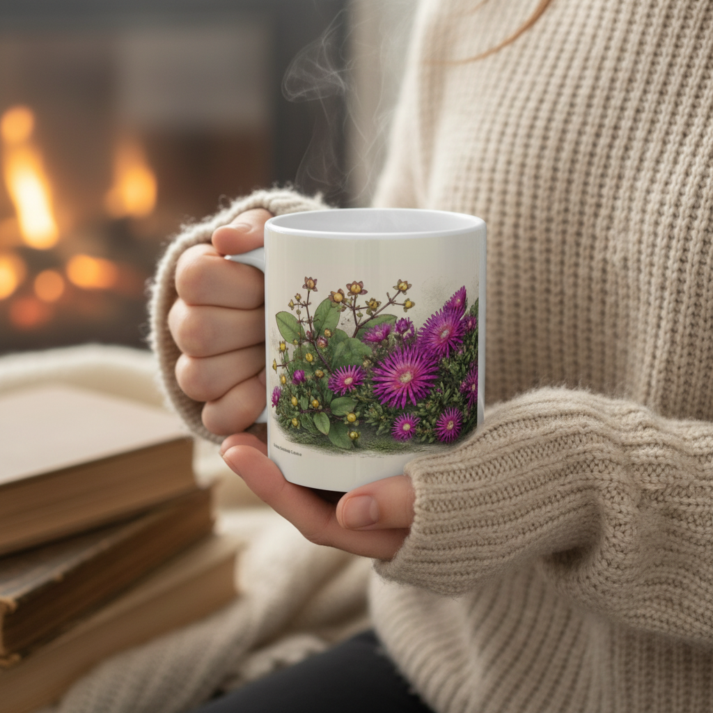 Mug blanc floral botanique violet et vert, tenu par une main dans un pull beige