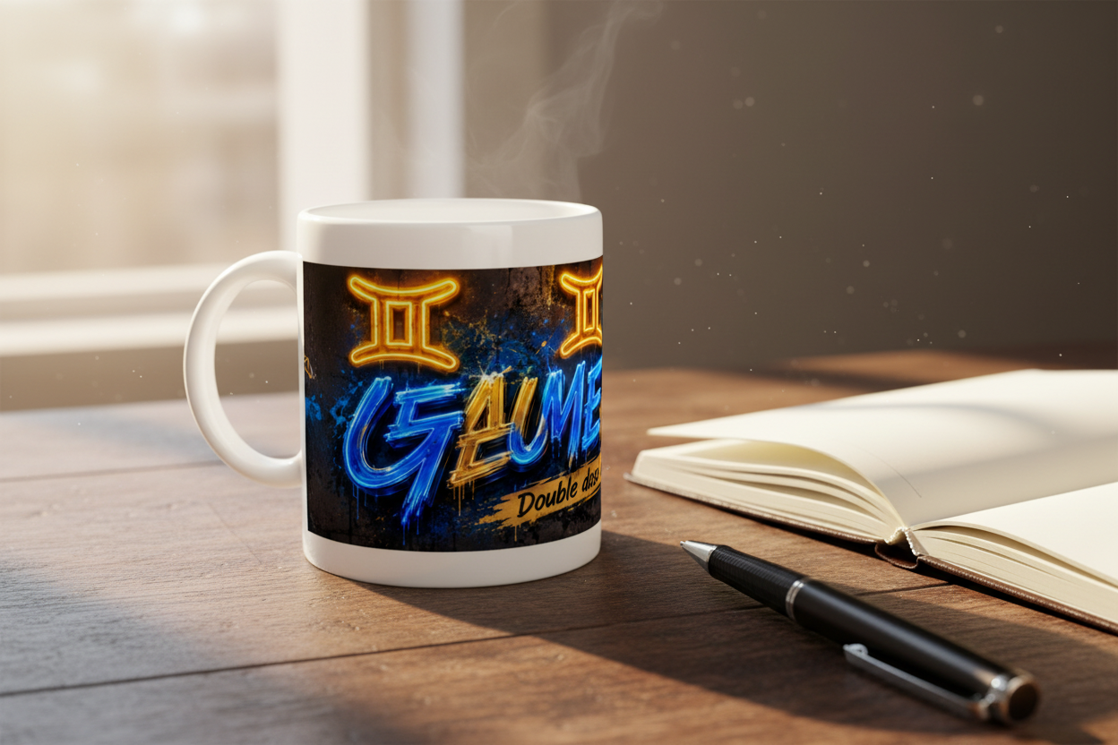 Mug blanc à anse, décor bleu et jaune avec symboles astrologiques