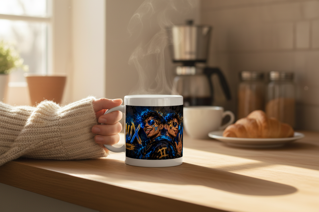 Mug blanc avec illustration bleue, légère fumée au-dessus