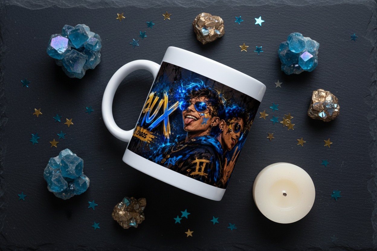 Mug blanc à anses, décor bleu avec visuel et signes astrologiques