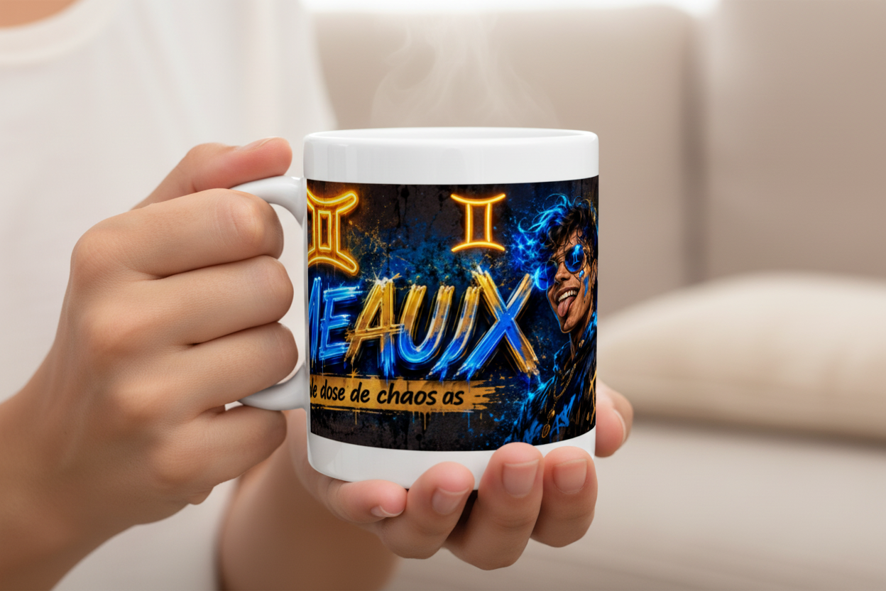 Mug blanc tenu à la main, illustration bleue et jaune sur la face