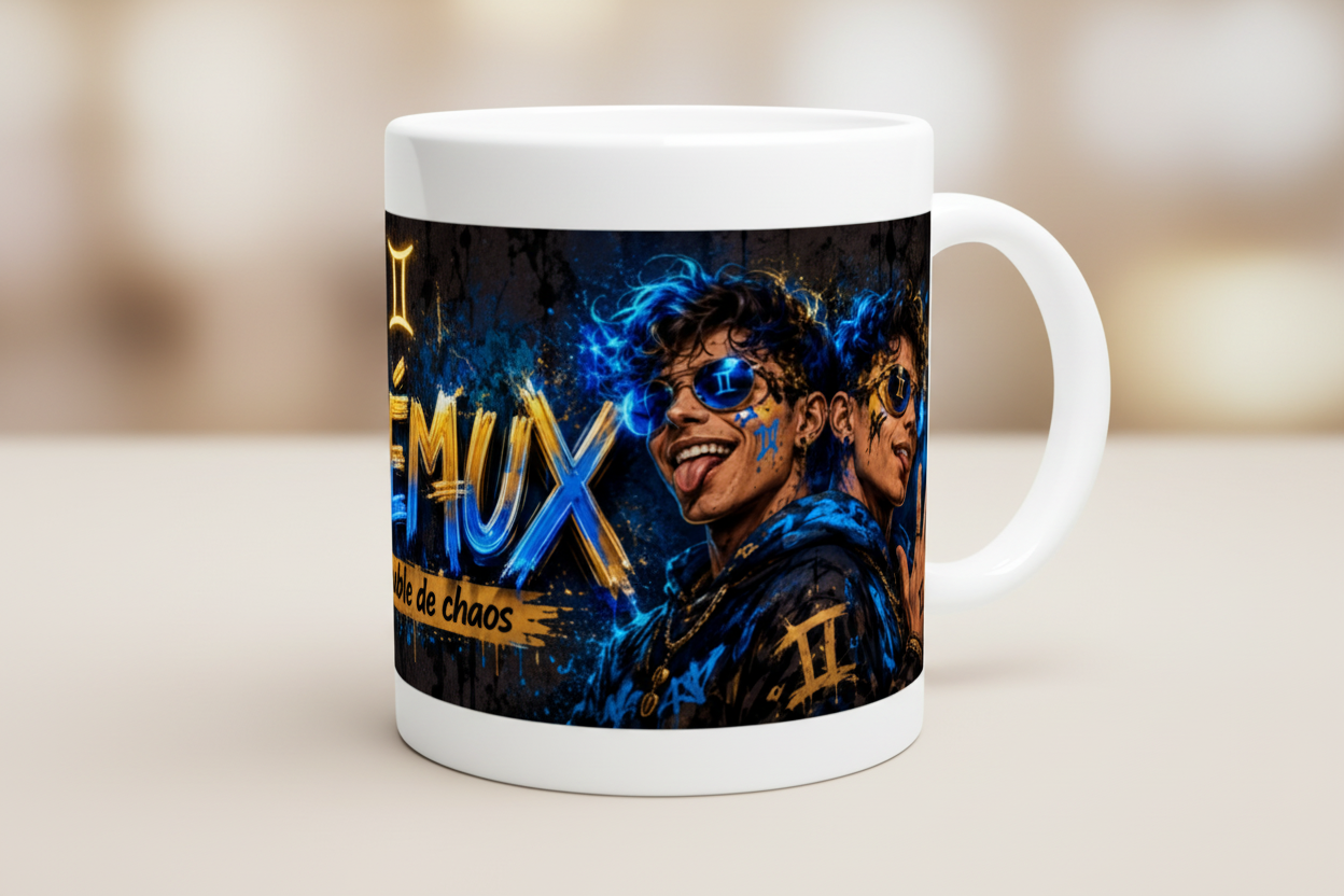 Mug blanc à anse, illustration bleue sur fond sombre