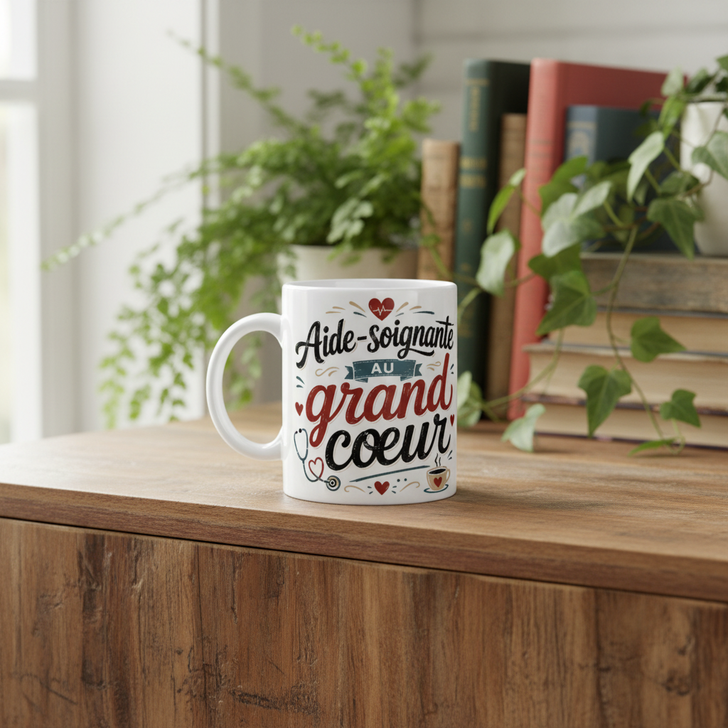 Tasse blanche « Aide-soignante au grand cœur » sur table en bois, décor de cœurs