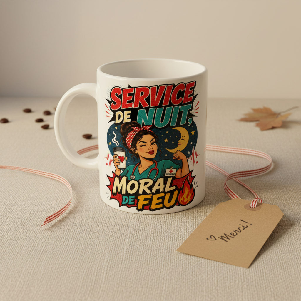 Mug blanc posé, impression « Service de nuit, Moral de feu », étiquette « Merci »