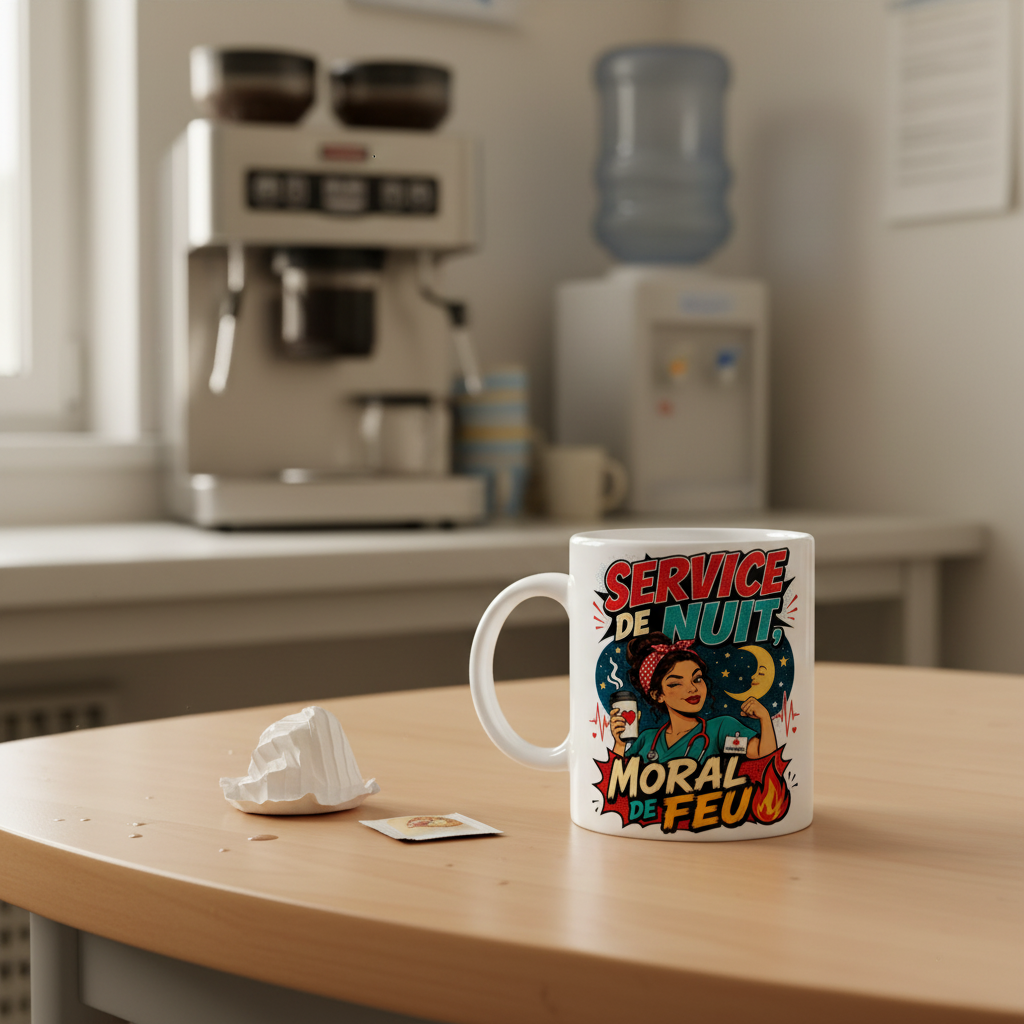 Mug blanc, poignée à gauche, impression « Service de nuit, Moral de feu »