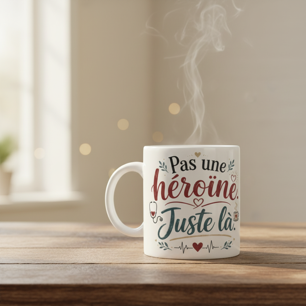 Tasse blanche « Pas une héroïne. Juste là » fumante, posée sur un support en bois.