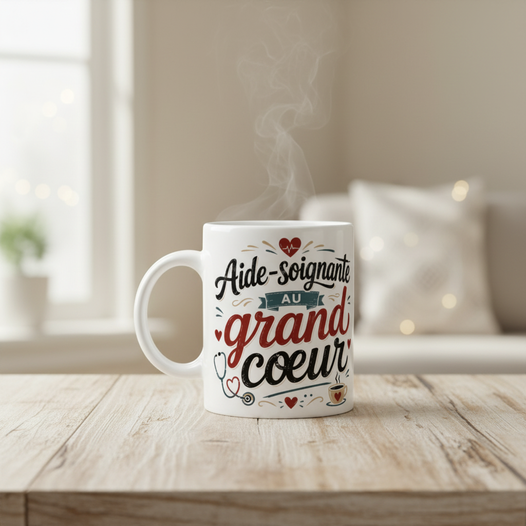 Tasse blanche « Aide-soignante au grand cœur » fumante, décor de cœurs