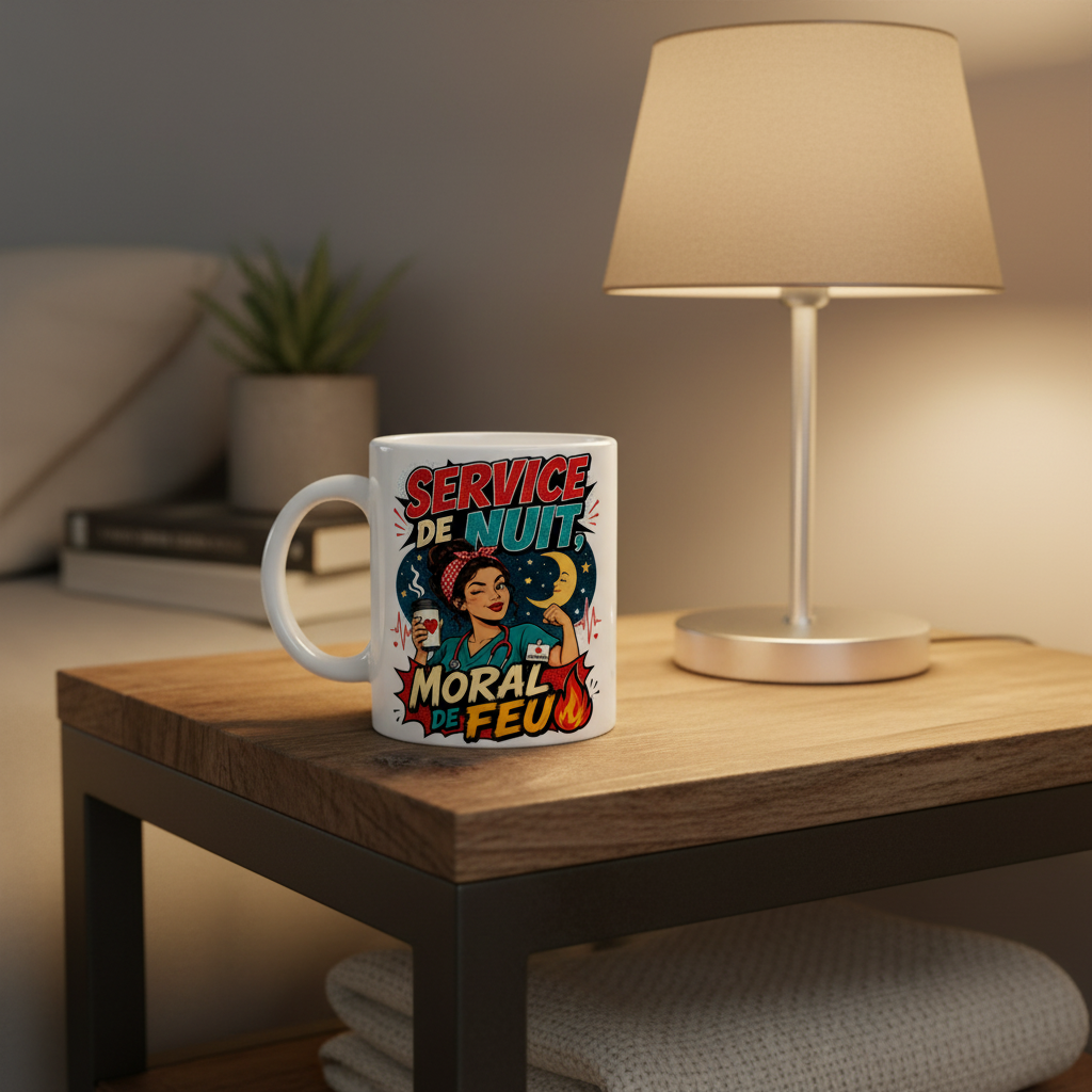 Mug blanc debout, impression « Service de nuit, Moral de feu »