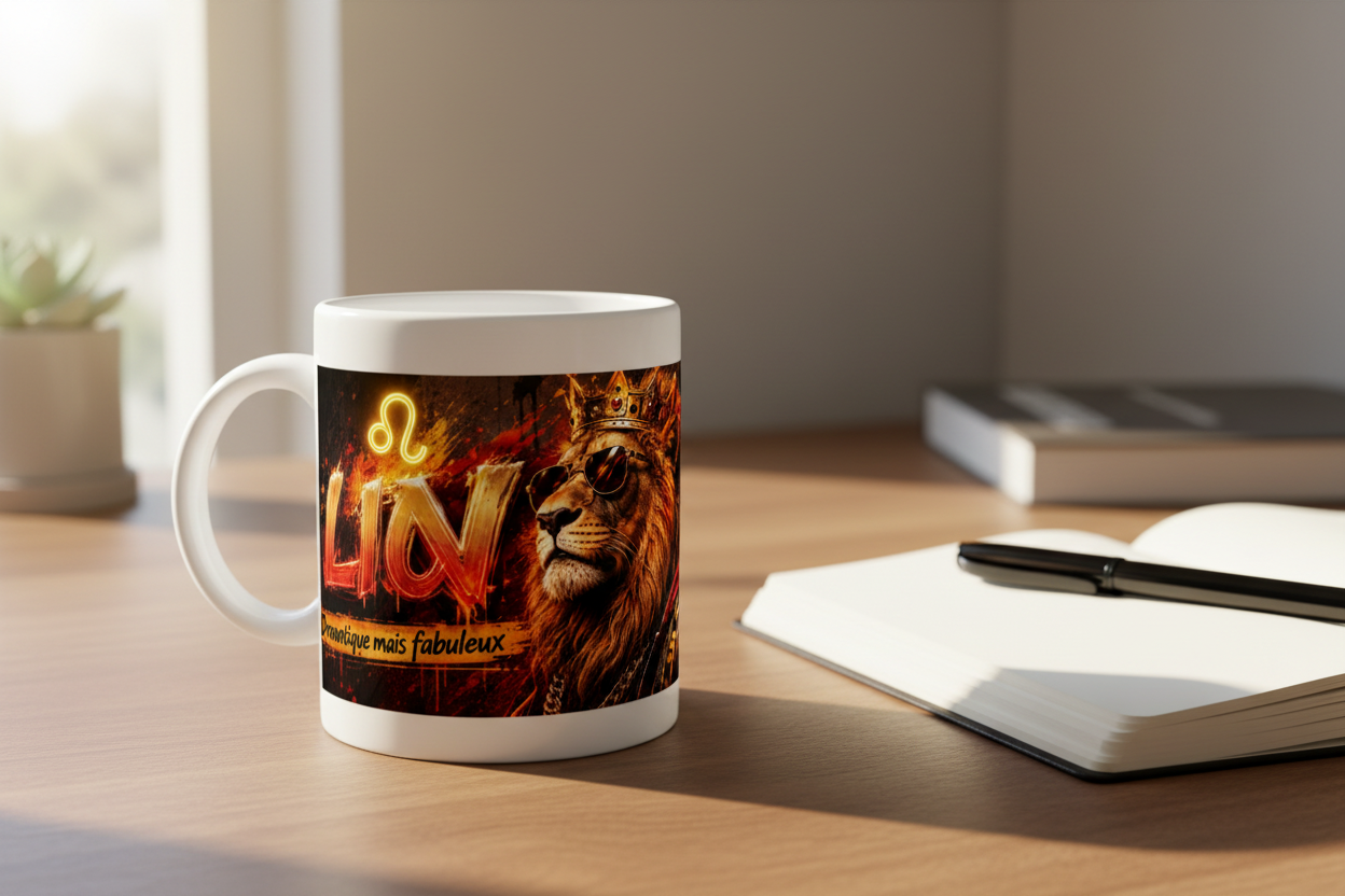 Mug en céramique blanche sur surface, motif lion et lettres « Lion » néon