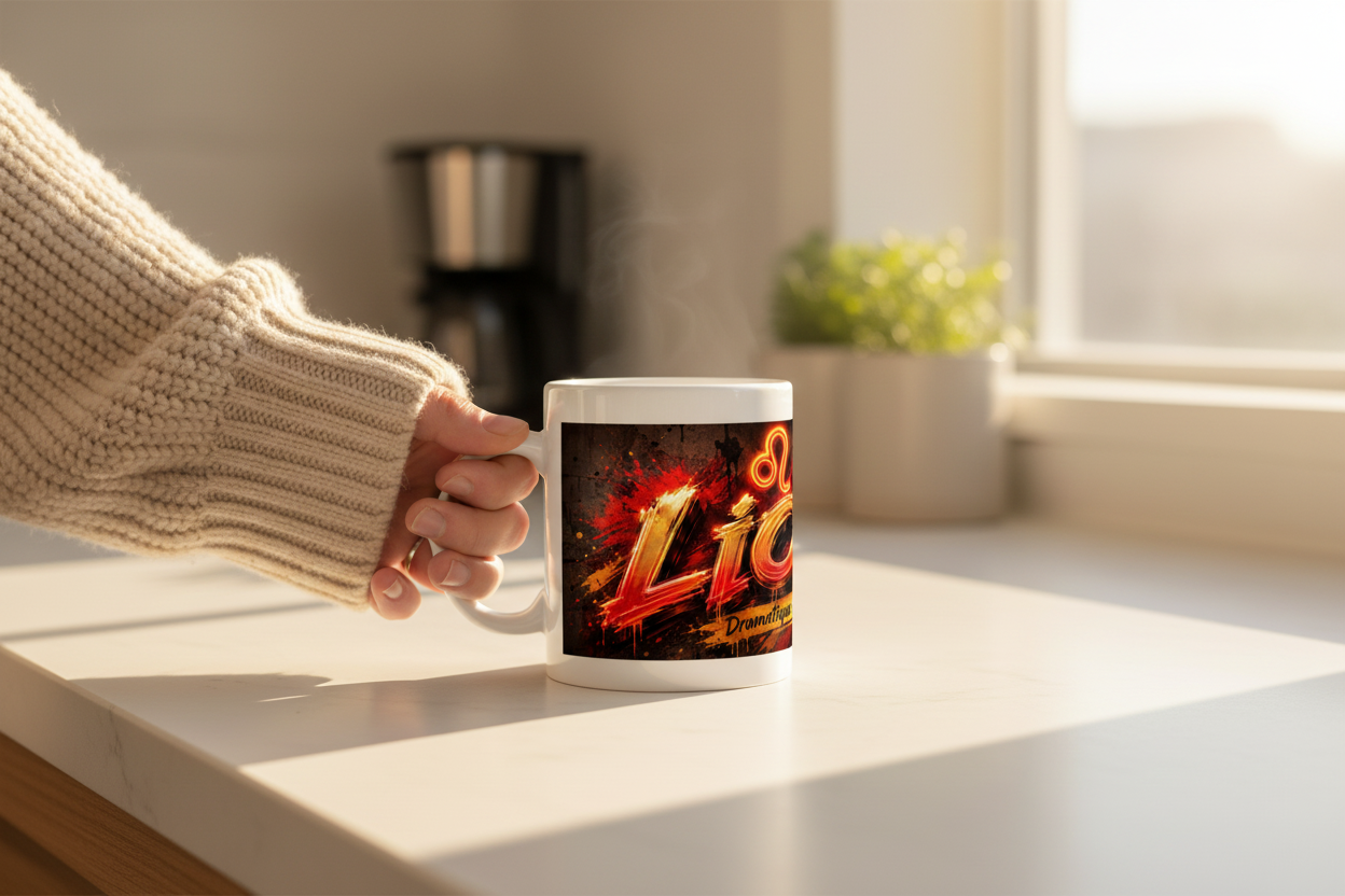 Mug en céramique blanche sur table, motif lion et lettrage néon orange