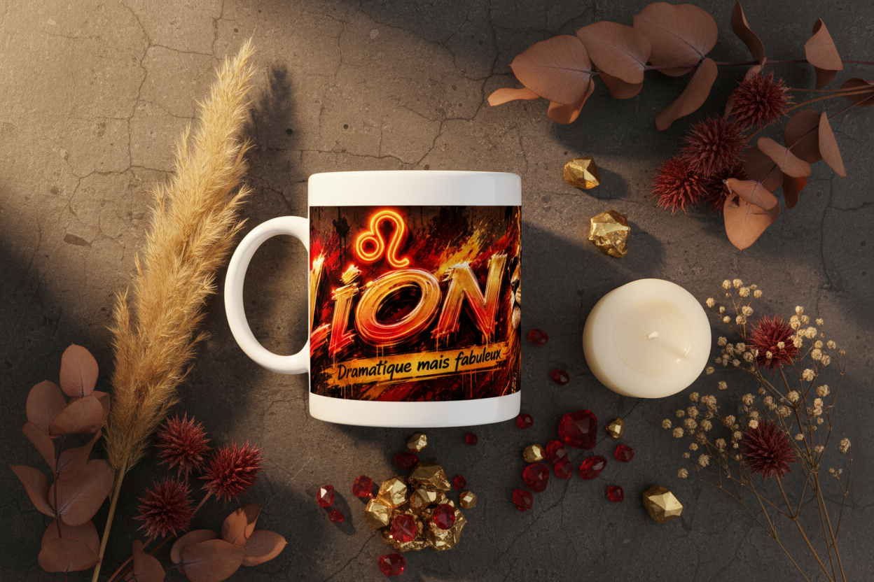 Mug en céramique blanche avec lion et inscription « Lion » style néon orange