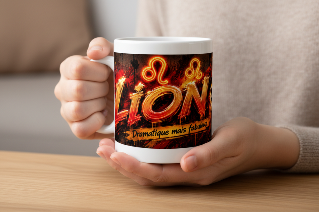 Mug en céramique blanche tenu dans la main, motif lion et néon orange