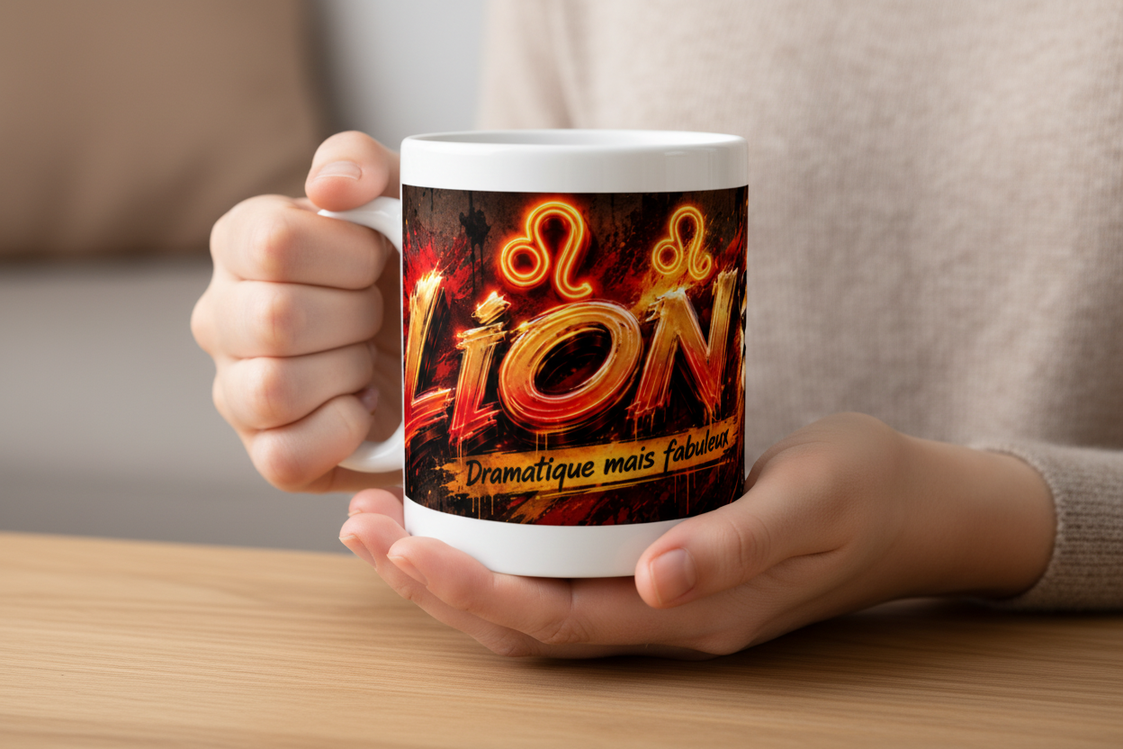 Mug en céramique blanche tenu dans la main, motif lion et néon orange