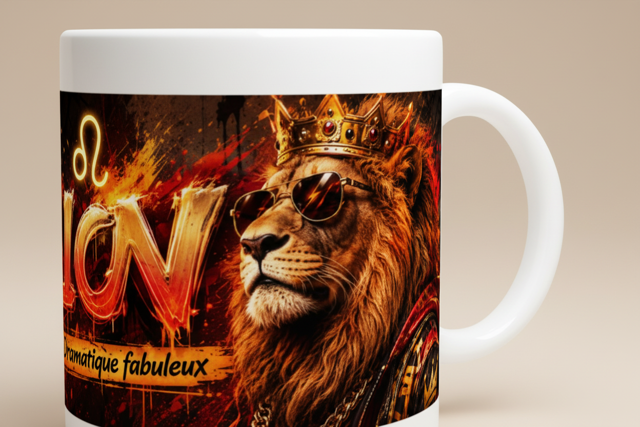 Mug en céramique blanche, gros plan du lion avec lunettes et lettrage néon