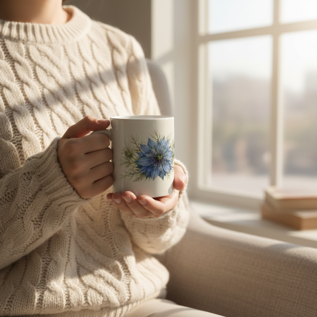 Mug Nigelle de Damas — femme pull crème fenêtre
