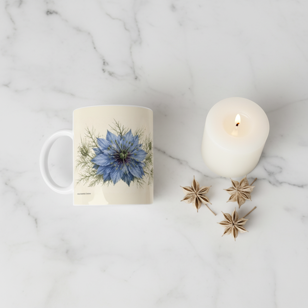 Mug Nigelle de Damas — flat lay marbre bougie