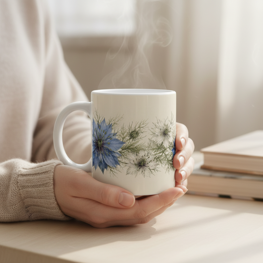 Mug Nigelle de Damas — mains lifestyle