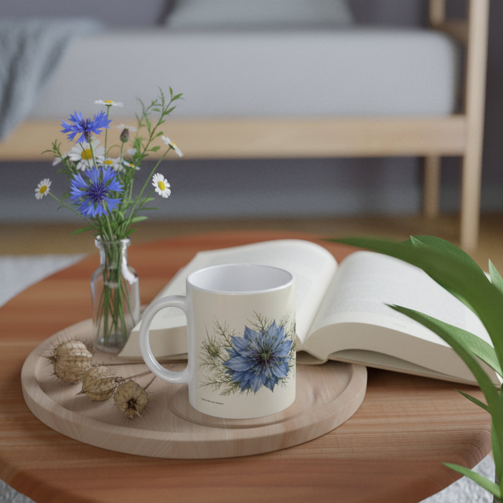 Mug blanc à motif de nigelle bleue posé sur un plateau en bois.