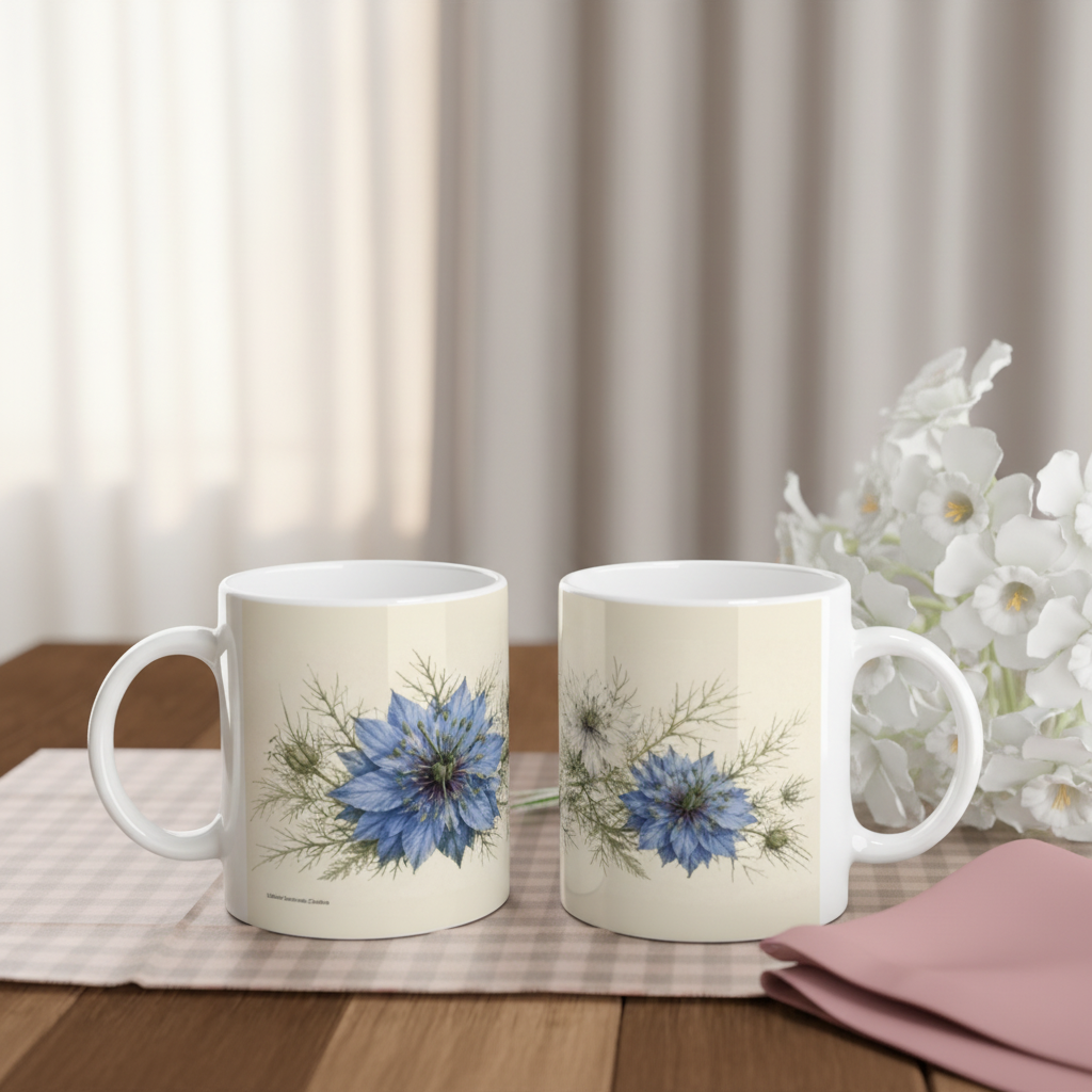 Mug Nigelle de Damas — table bois fleurs blanches