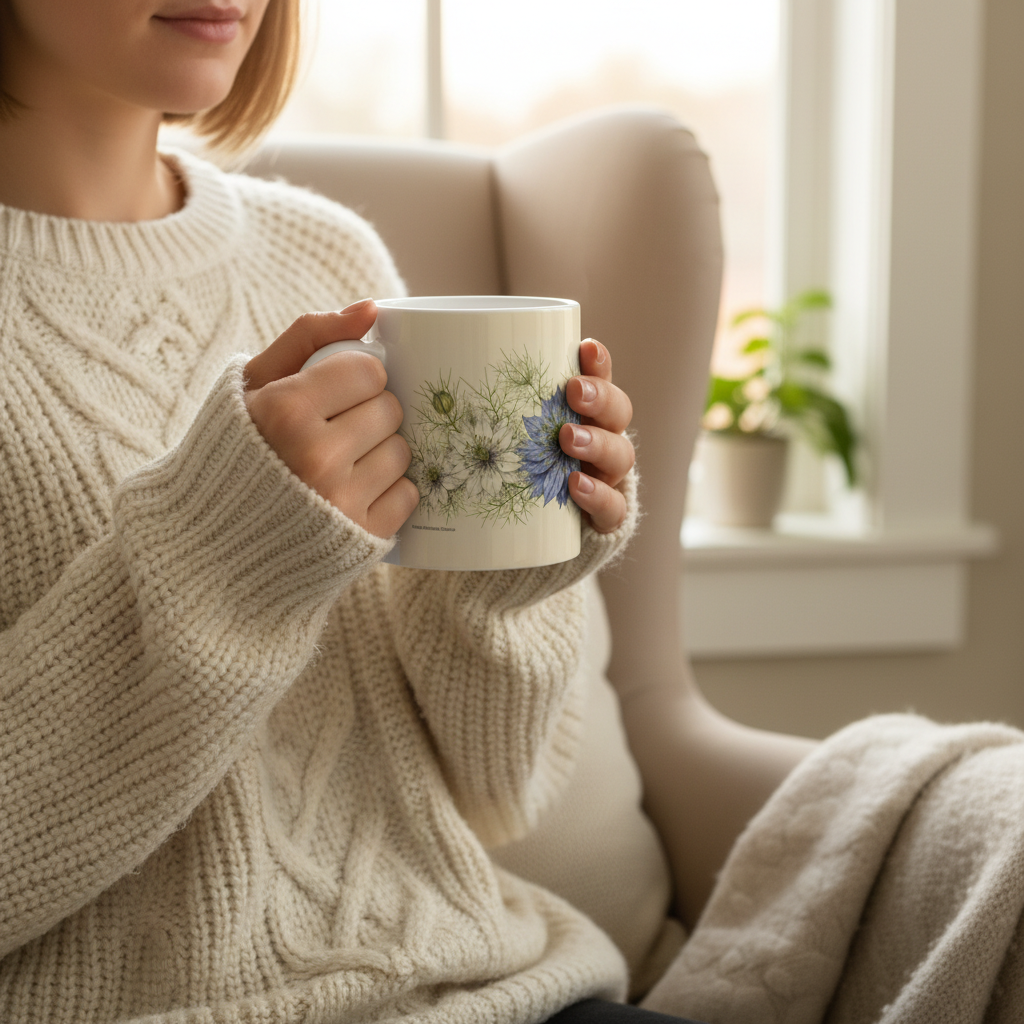 Mug Nigelle — femme pull fenêtre