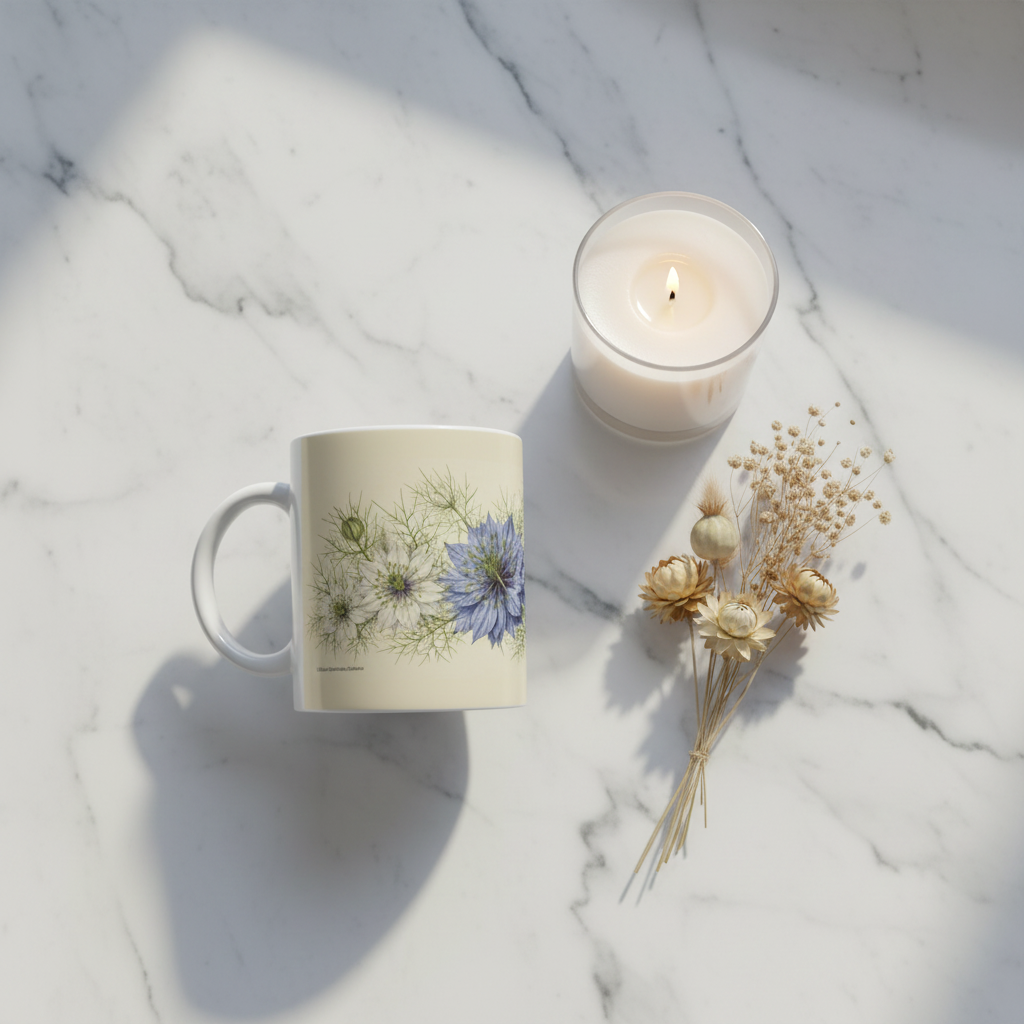 Mug Nigelle — flat lay marbre bougie
