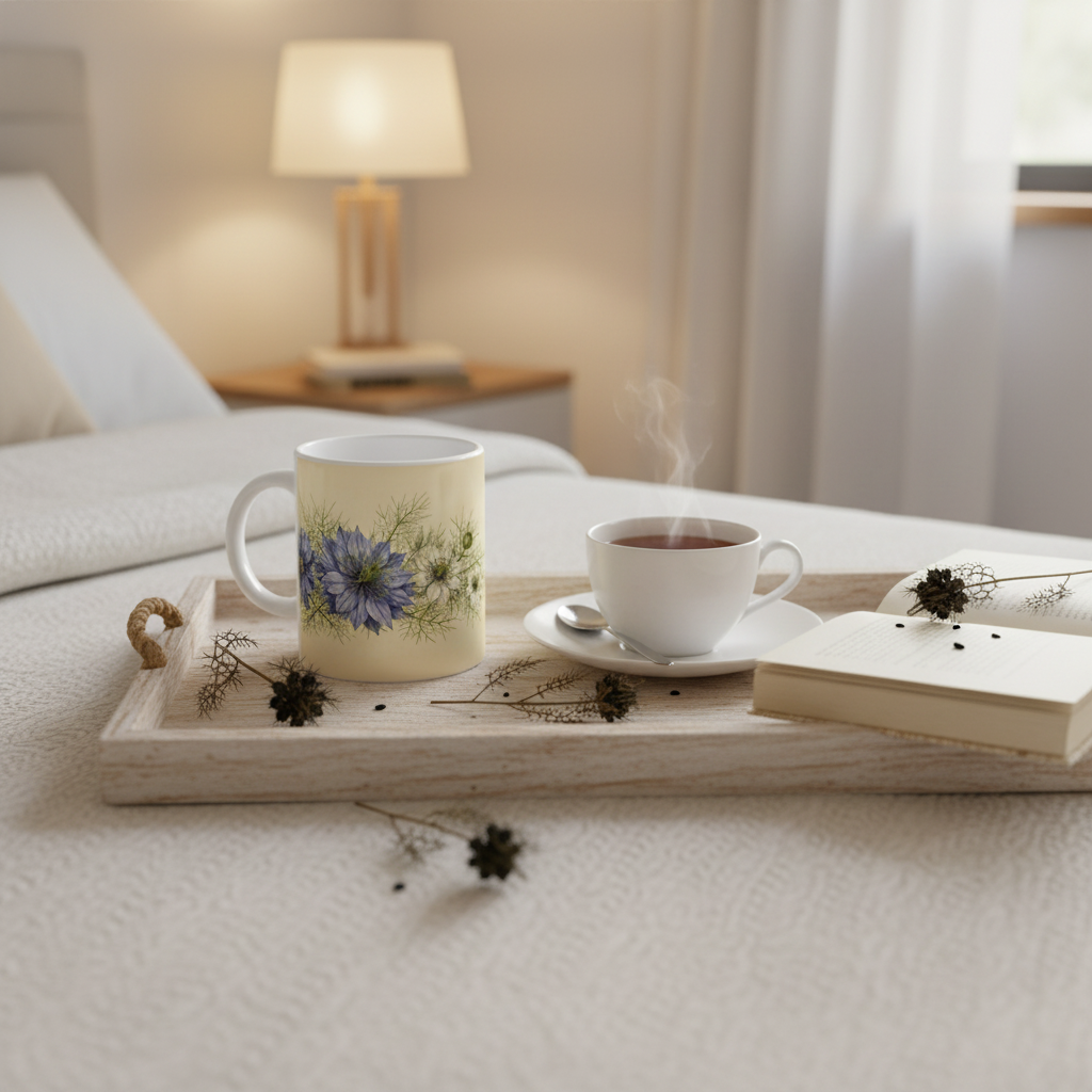 Mug Nigelle — plateau bois livre fleurs séchées