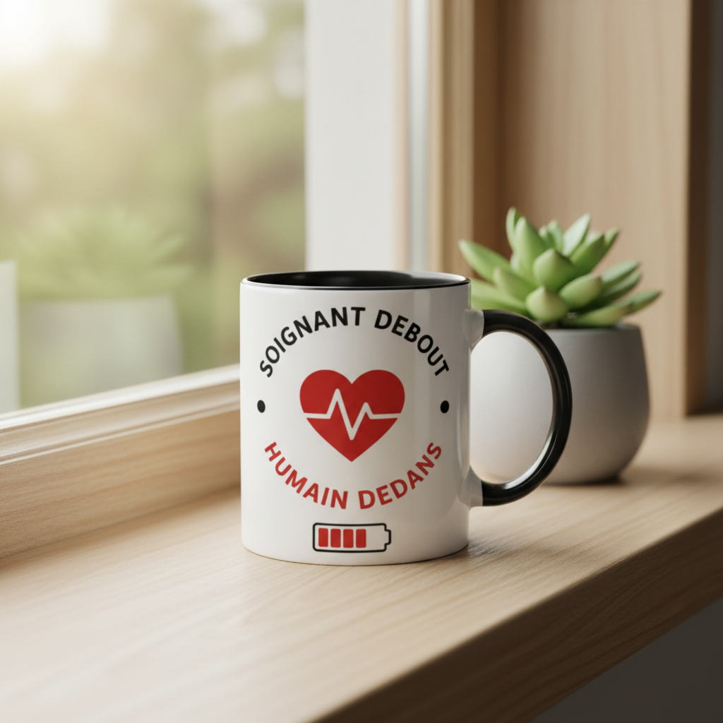 Mug en céramique blanc à anse noire, logo cœur ECG rouge