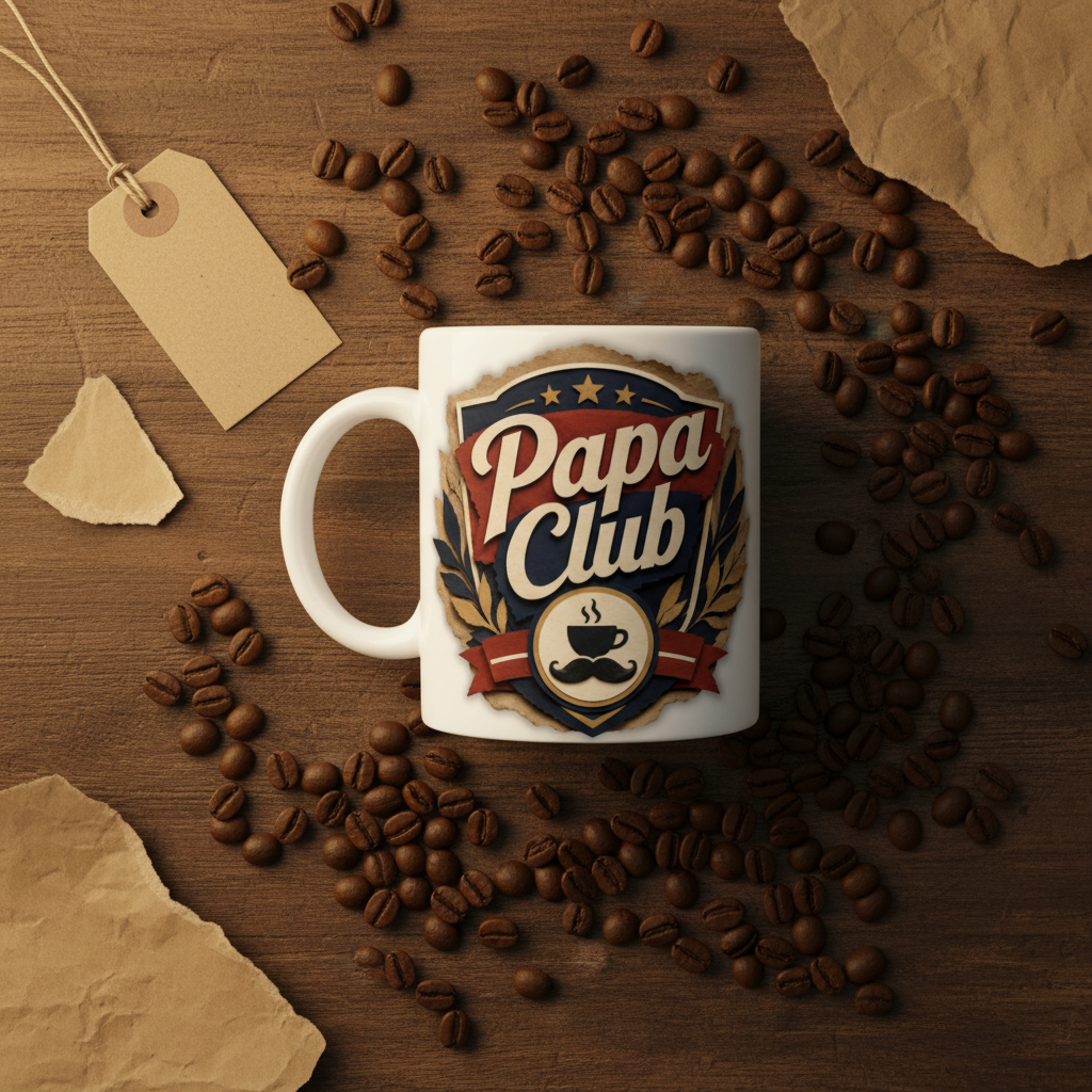 Mug blanc « Papa Club » posé, motif emblème visible sur le devant