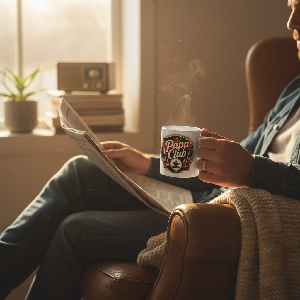 Mug blanc « Papa Club » tenu à la main, fumée au-dessus du café