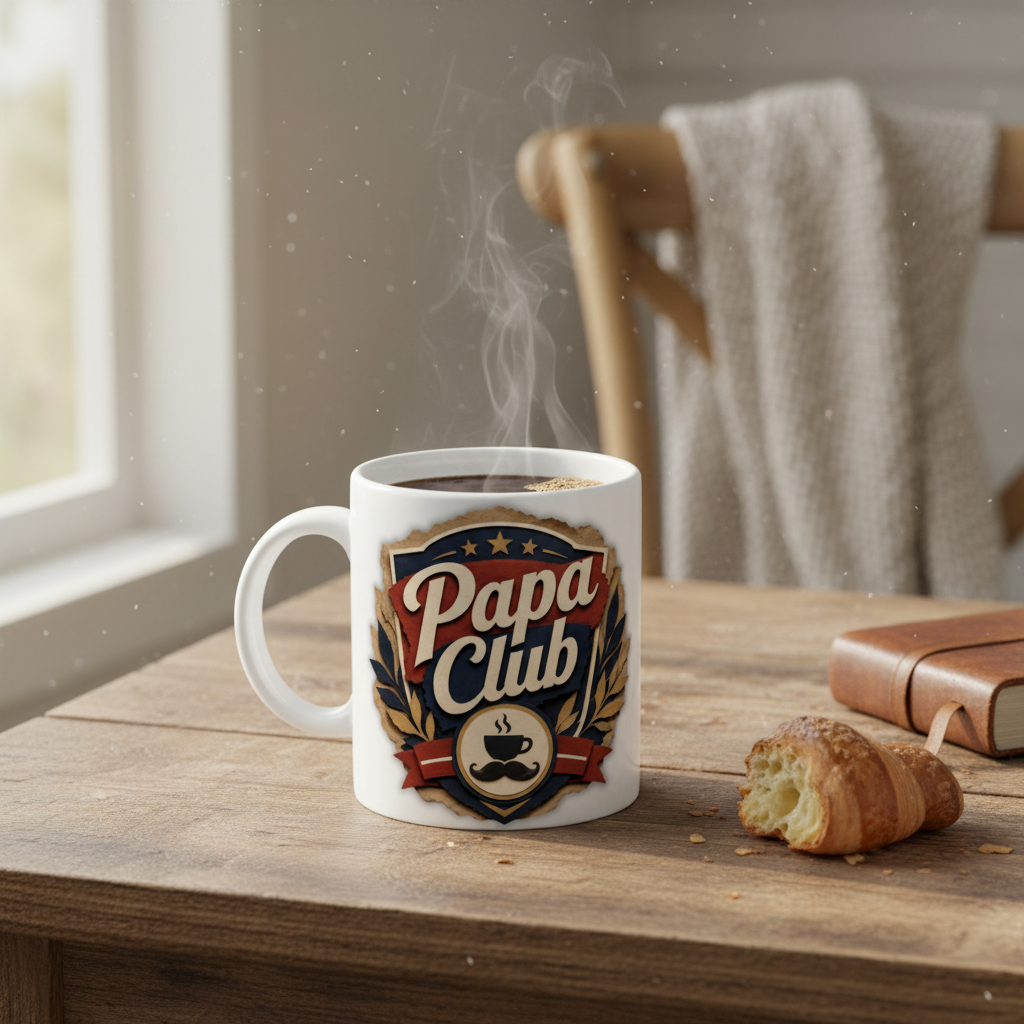Mug blanc « Papa Club » avec café chaud, fumée sortant du gobelet