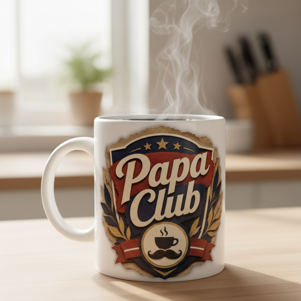 Mug blanc « Papa Club » avec motif emblème et ruban, fumée au-dessus