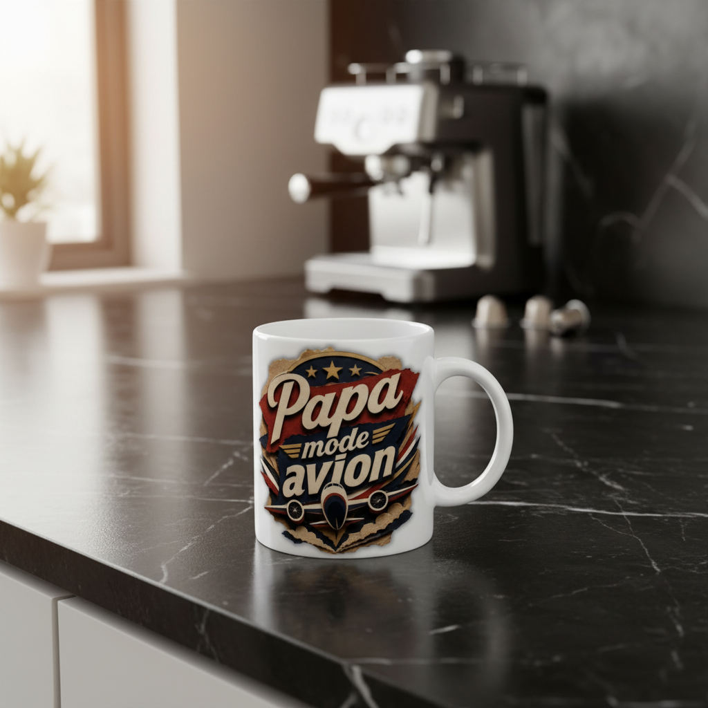 Mug blanc avec visuel “Papa mode avion” sur fond de style écusson