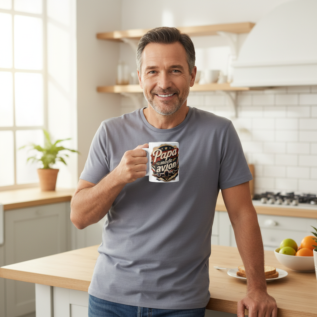 Mug blanc avec visuel “Papa mode avion” tenu devant un plan de cuisine