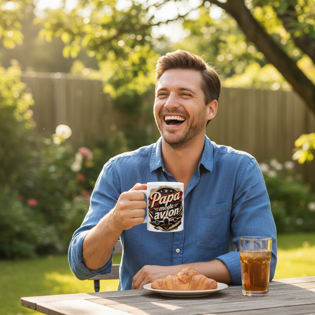 Mug blanc tenu par un homme, avec inscription “Papa mode avion”