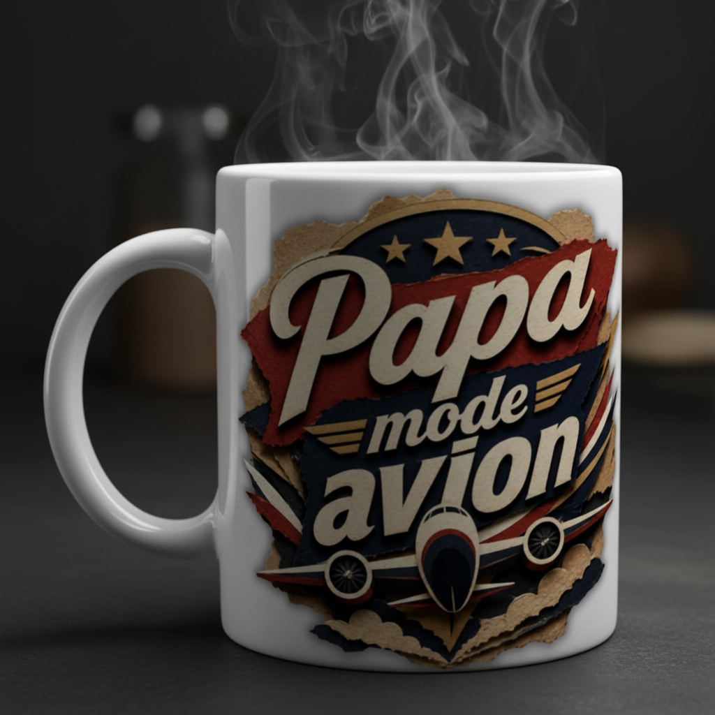 Mug blanc “Papa mode avion” avec vapeur au-dessus