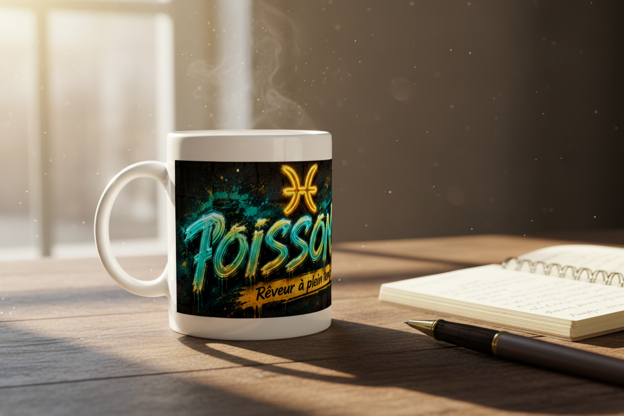 Mug blanc en céramique, design poissons turquoise et texte « Rêveur à plein temps »