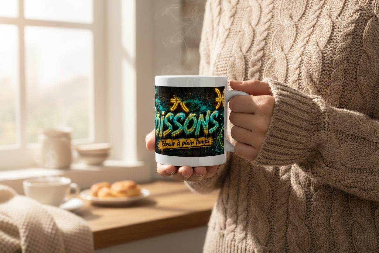 Mug blanc en céramique, illustration poissons, tenu par un pull en maille