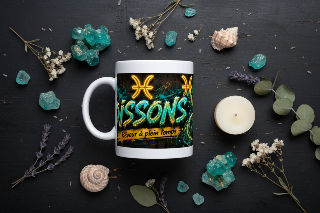 Mug blanc en céramique, illustration poissons et symboles astrologiques