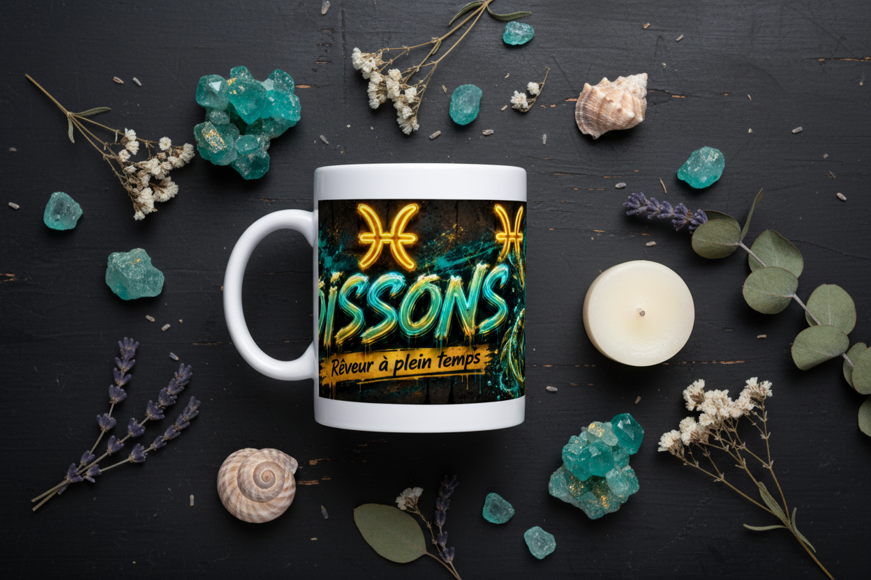 Mug blanc en céramique, illustration poissons et symboles astrologiques