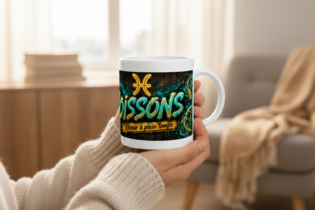 Mug blanc en céramique avec illustration poissons, tenu dans une main